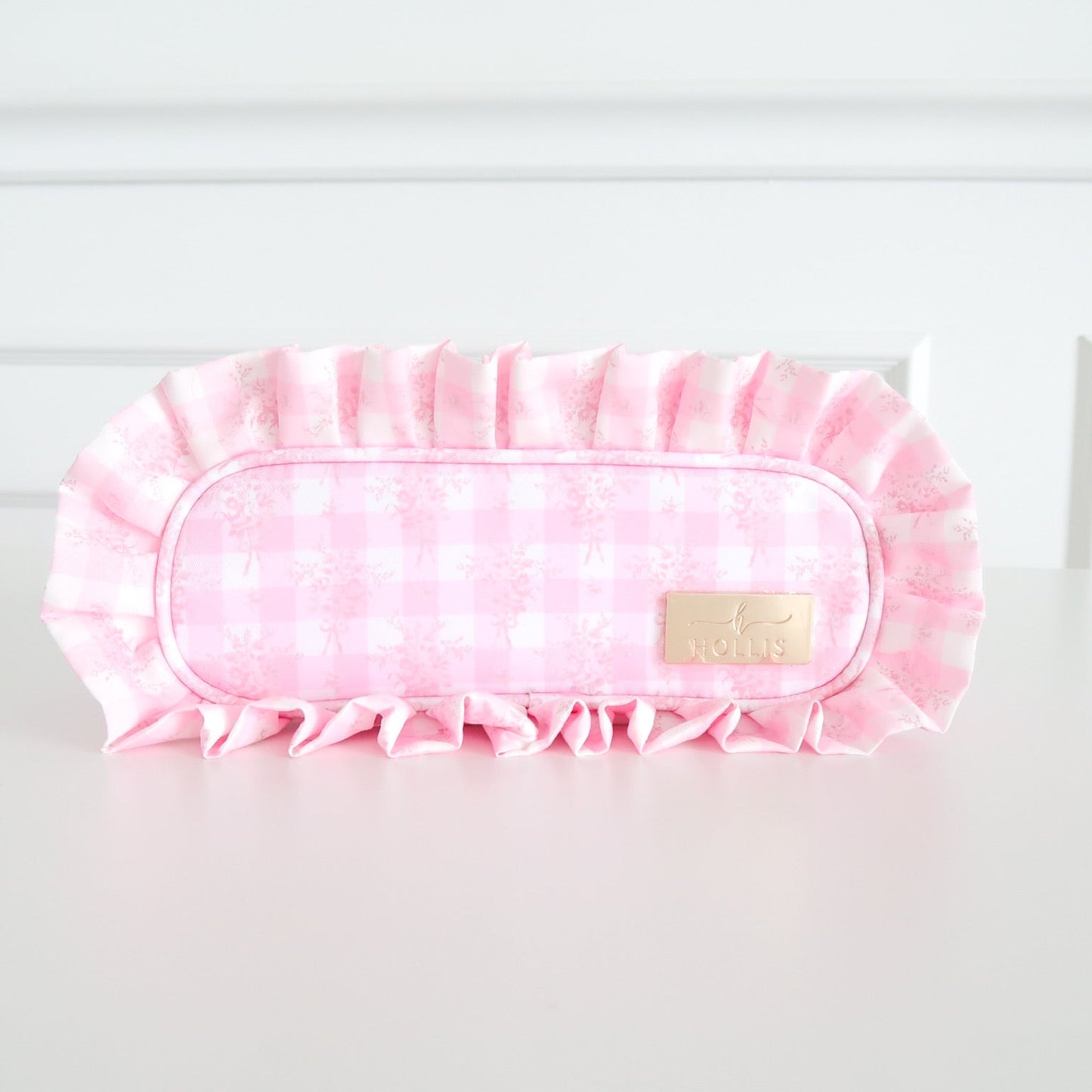 Pink floral ruffled nylon pencil bag