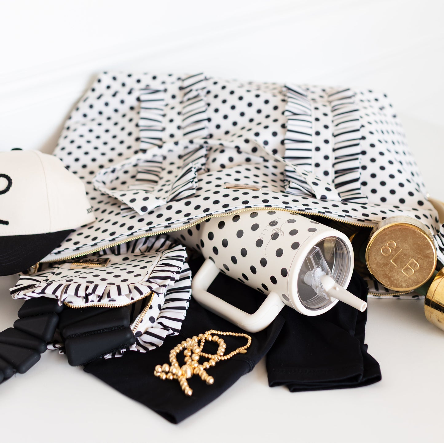 Polka Stripe Ruffled Nylon Tote Bag