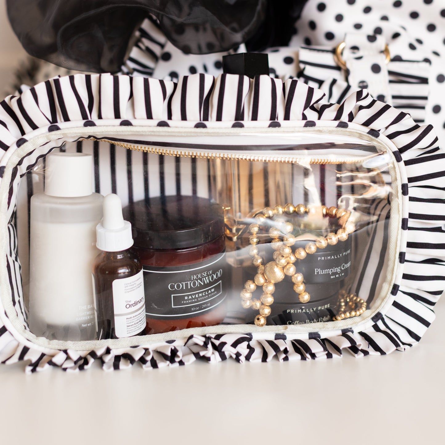 Polka Stripe Ruffled Nylon Large Clear Pouch