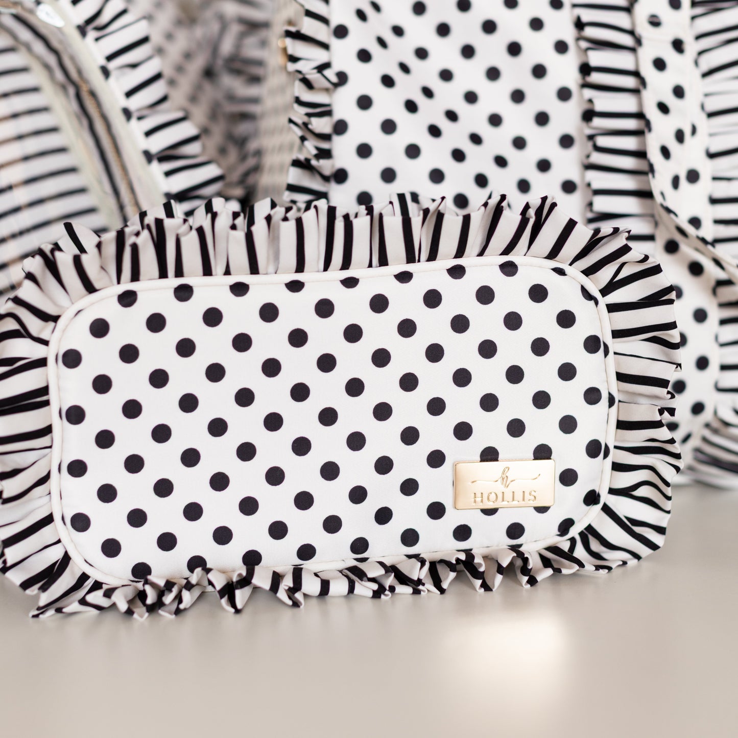 Polka Stripe Ruffled Nylon Medium Pouch