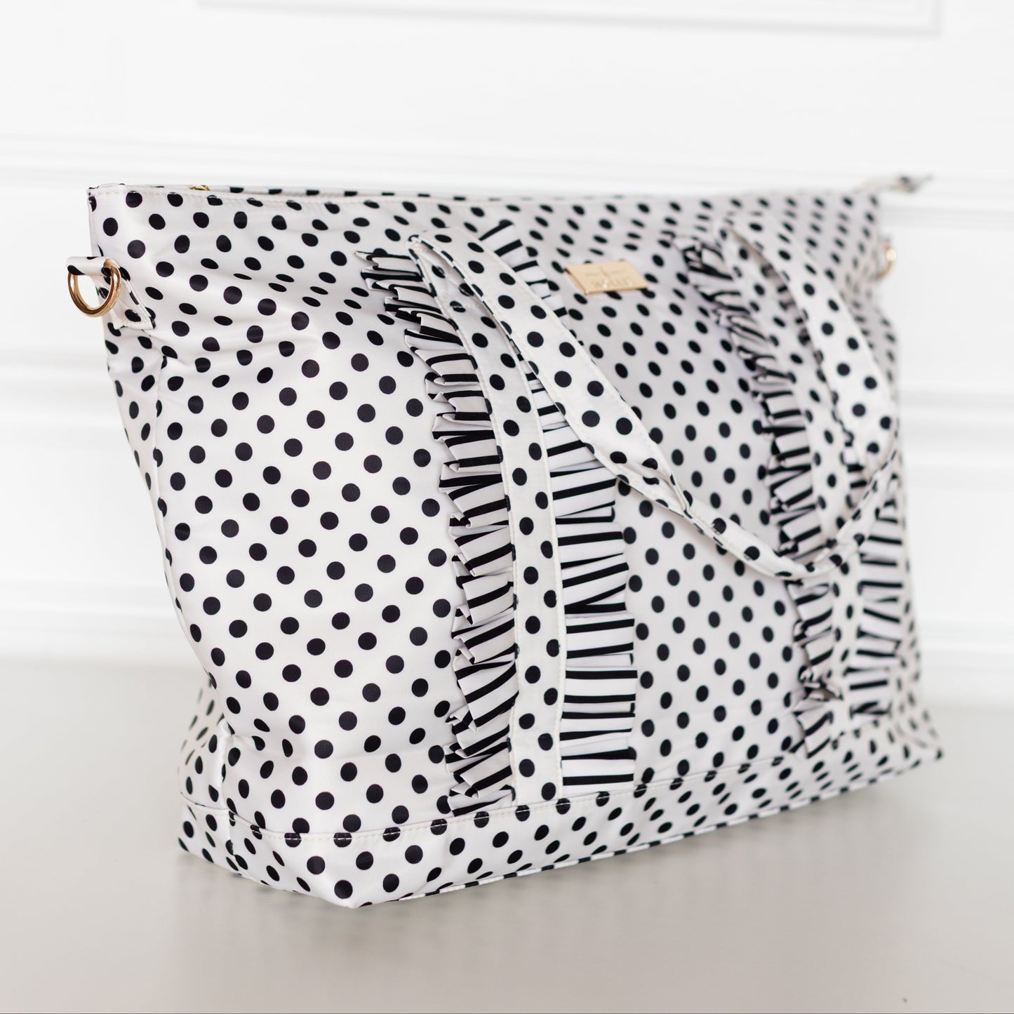 Polka Stripe Ruffled Nylon Tote Bag