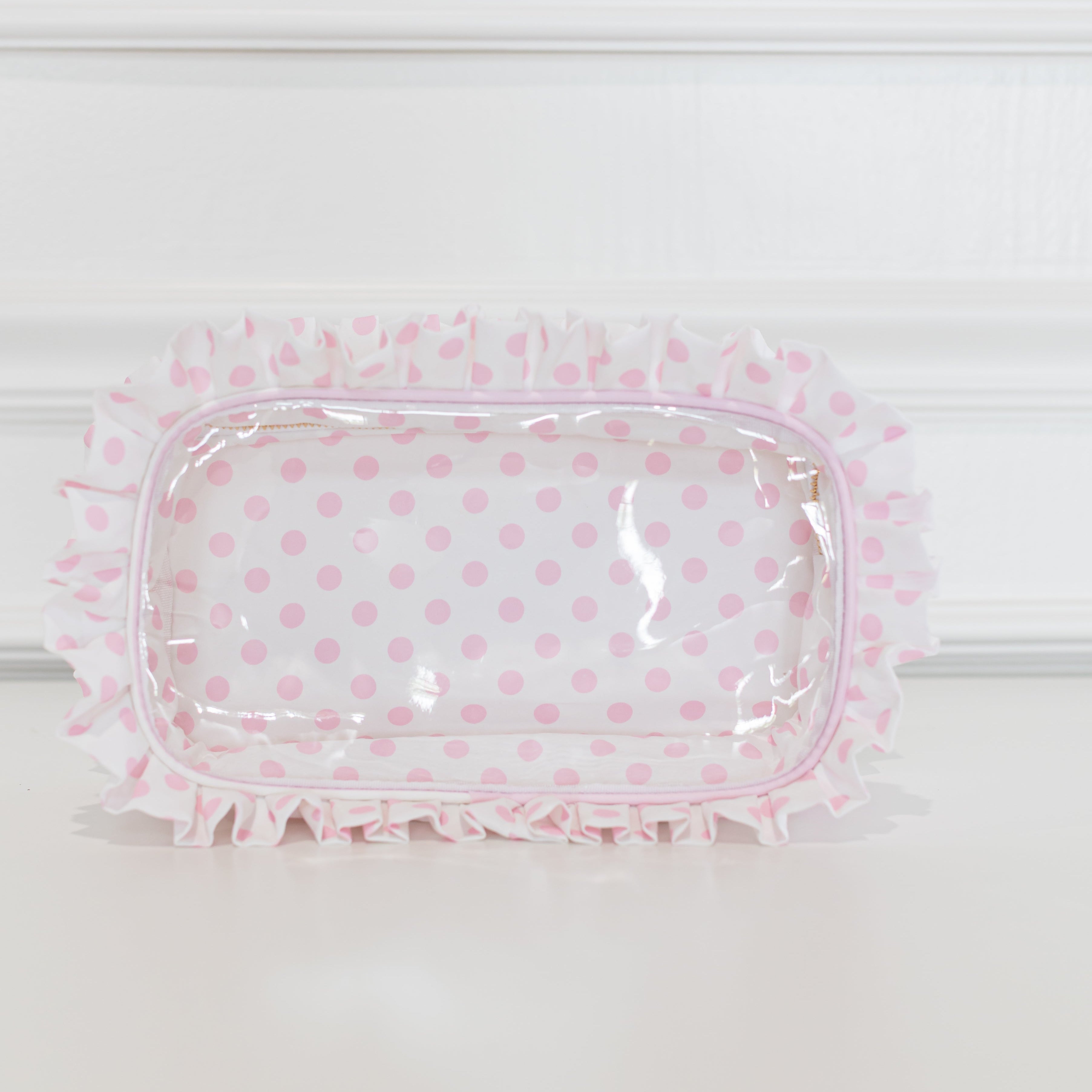 Pink Polka Stripe Ruffled Nylon Large Clear Pouch – Hollis