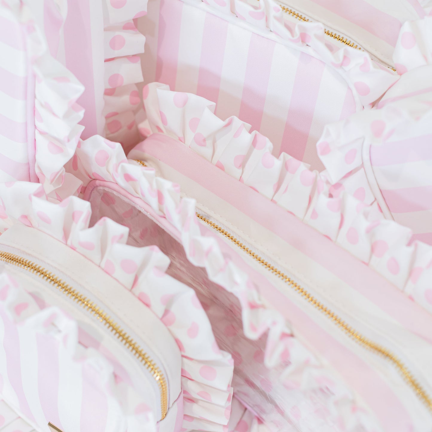 Pink Polka Stripe Ruffled Nylon Large Clear Pouch