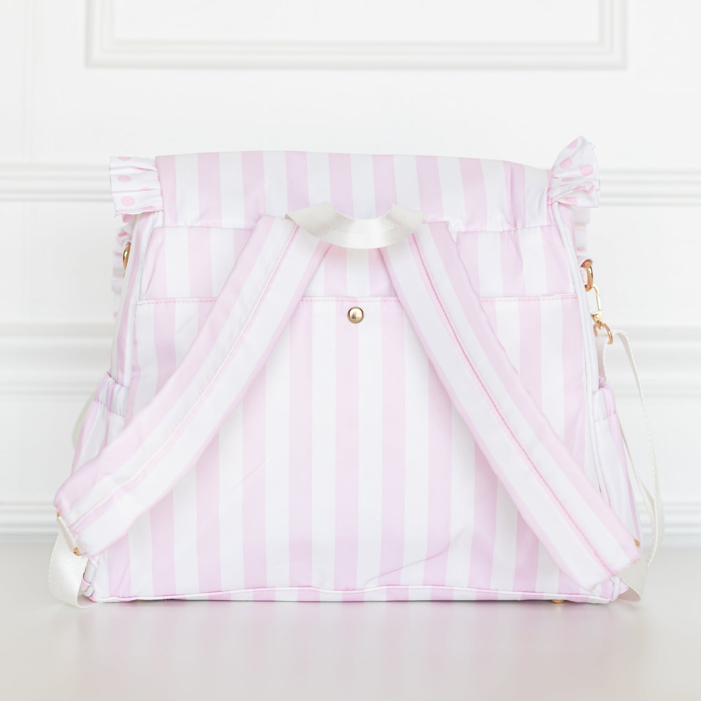 Pink Polka Stripe Ruffled Nylon Diaper Bag