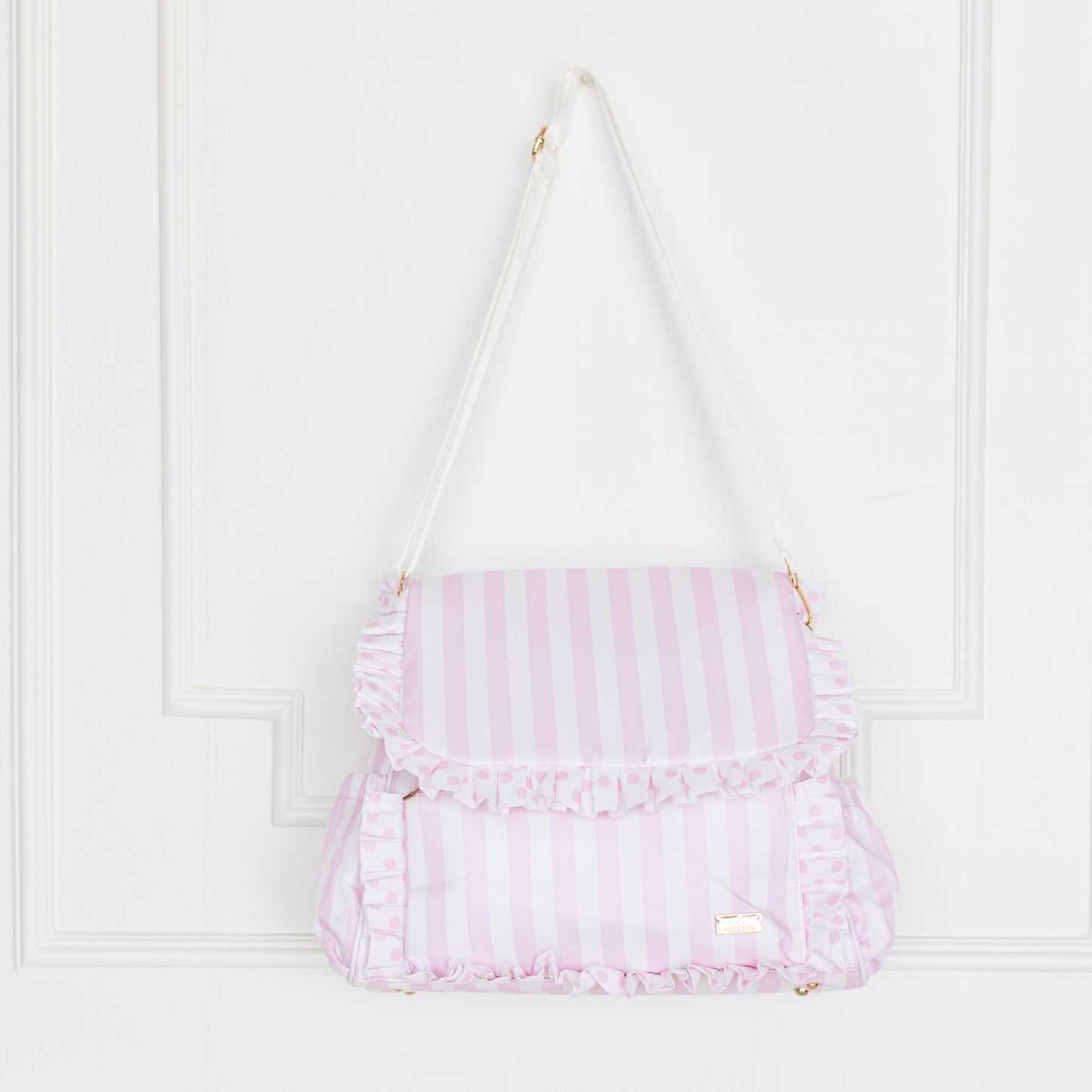 Pink Polka Stripe Ruffled Nylon Diaper Bag