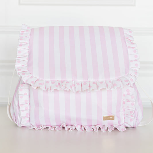 Pink Polka Stripe Ruffled Nylon Diaper Bag