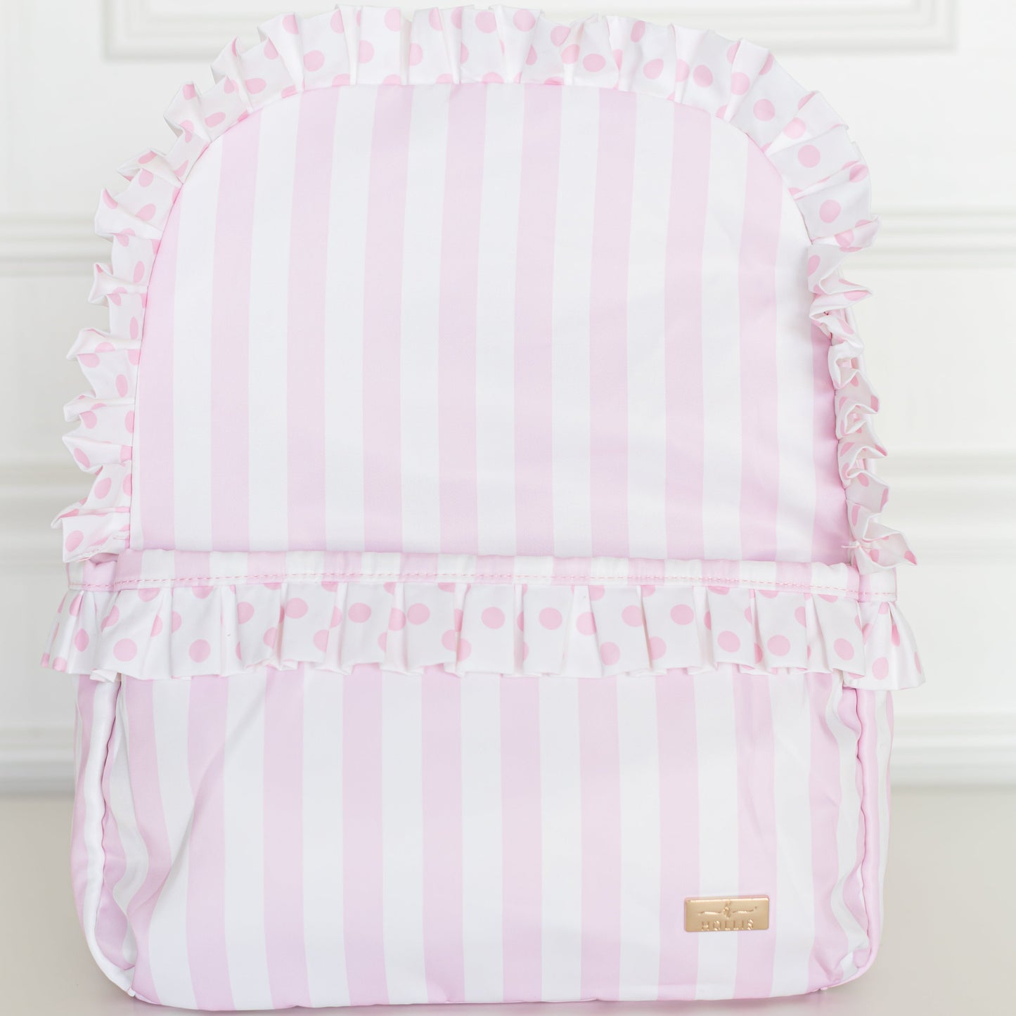 Pink Polka Stripe Ruffled Nylon Backpack