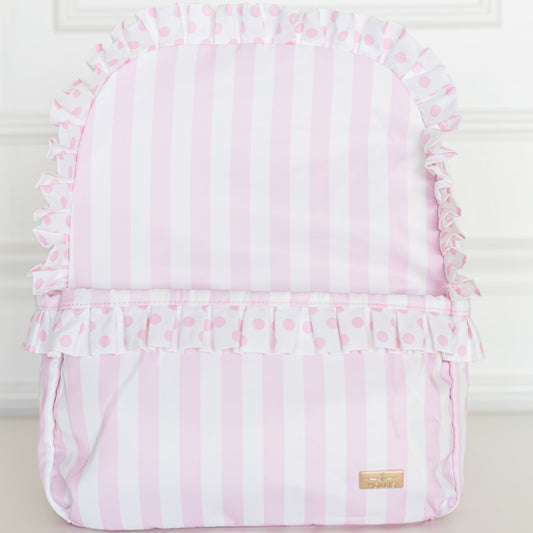 Pink Polka Stripe Ruffled Nylon Backpack