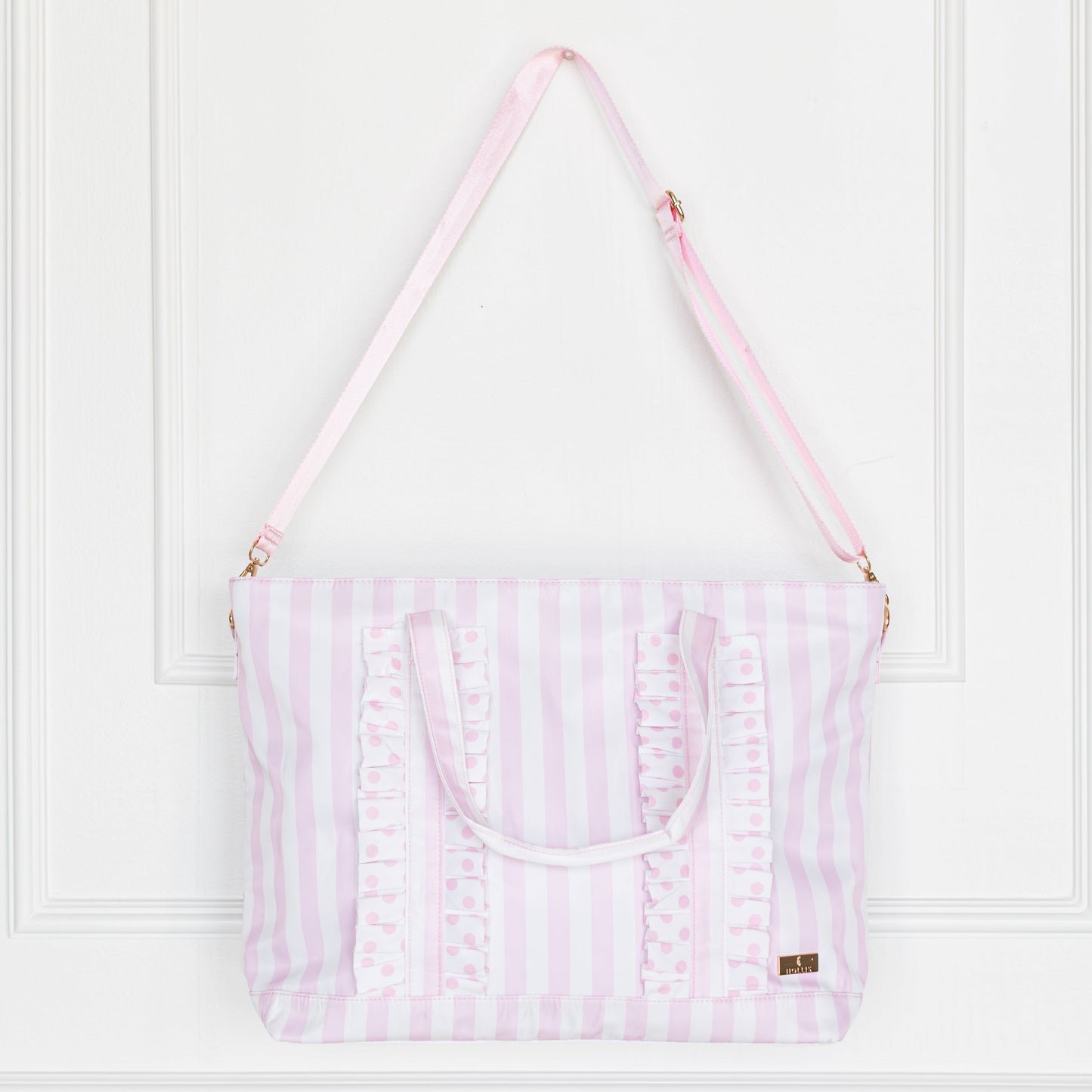 Pink Polka Stripe Ruffled Nylon Tote Bag