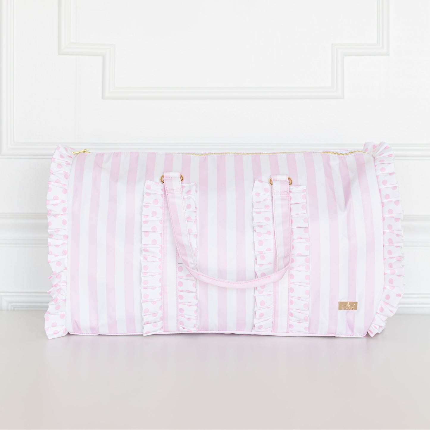 Pink Polka Stripe Ruffled Nylon Weekender