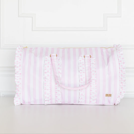 Pink Polka Stripe Ruffled Nylon Weekender