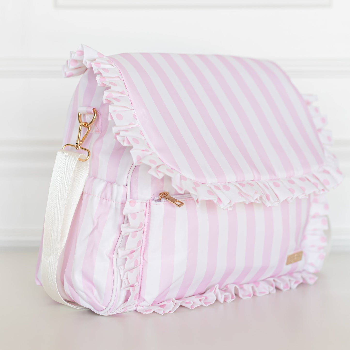 Pink Polka Stripe Ruffled Nylon Diaper Bag