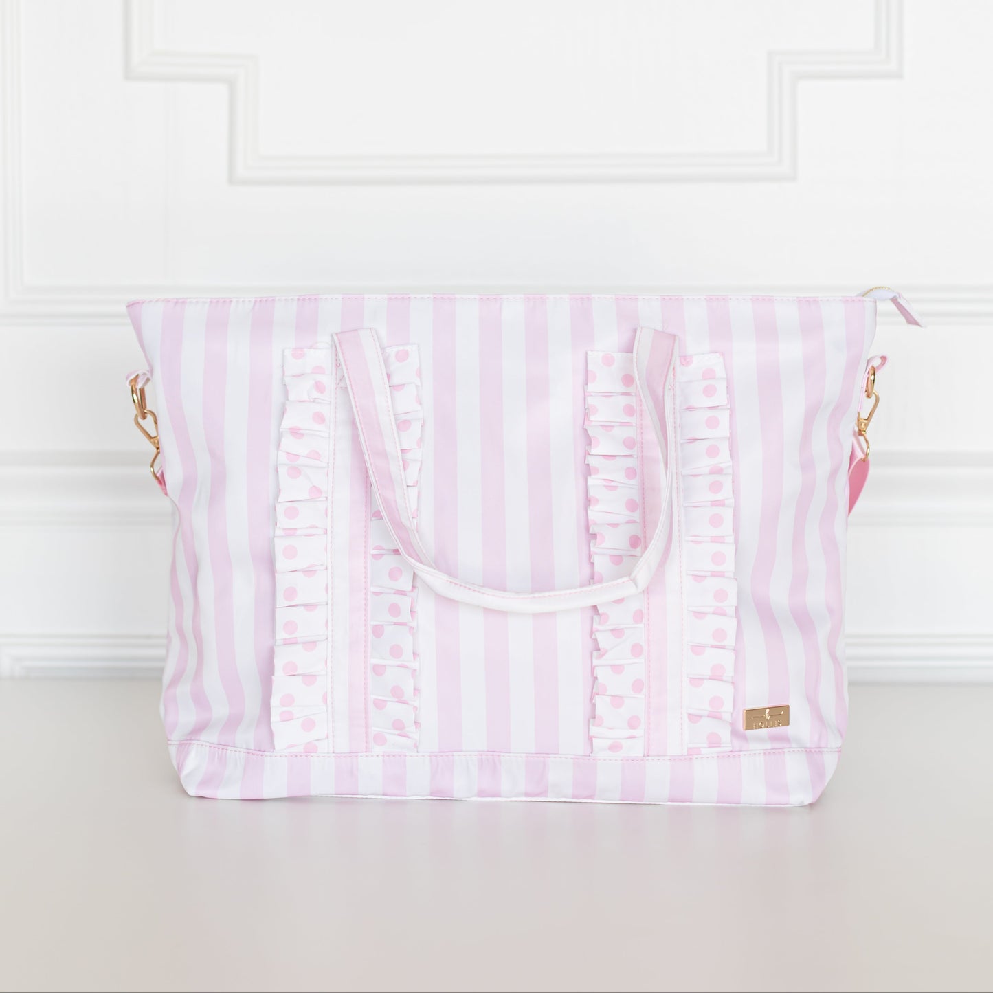 Pink Polka Stripe Ruffled Nylon Tote Bag
