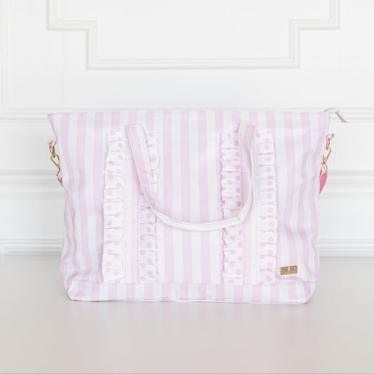 Pink Polka Stripe Ruffled Nylon Tote Bag