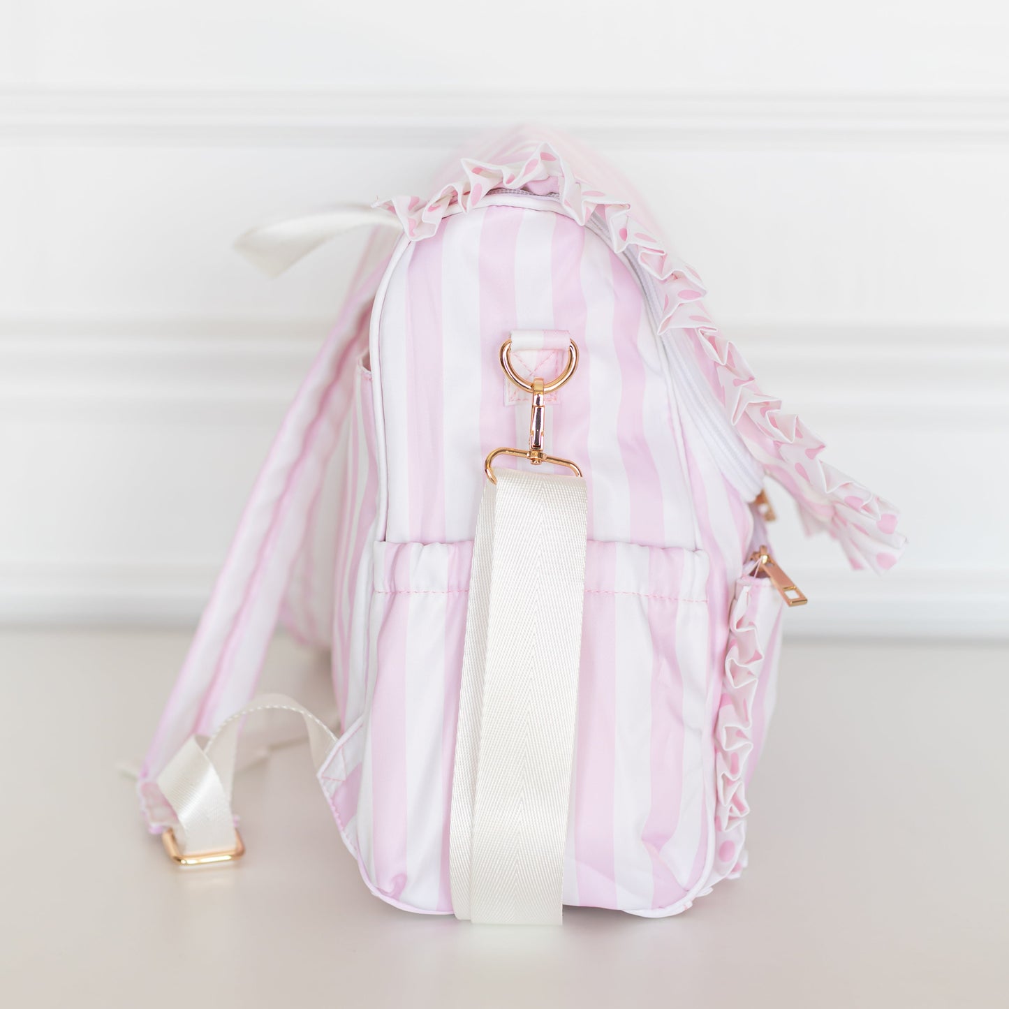 Pink Polka Stripe Ruffled Nylon Diaper Bag