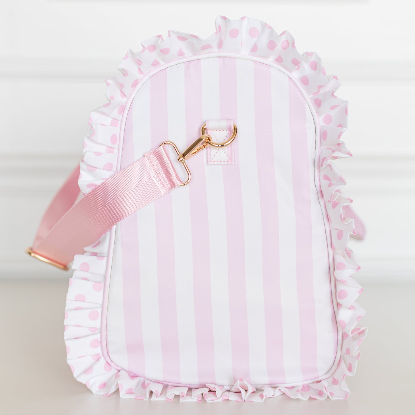 Pink Polka Stripe Ruffled Nylon Weekender