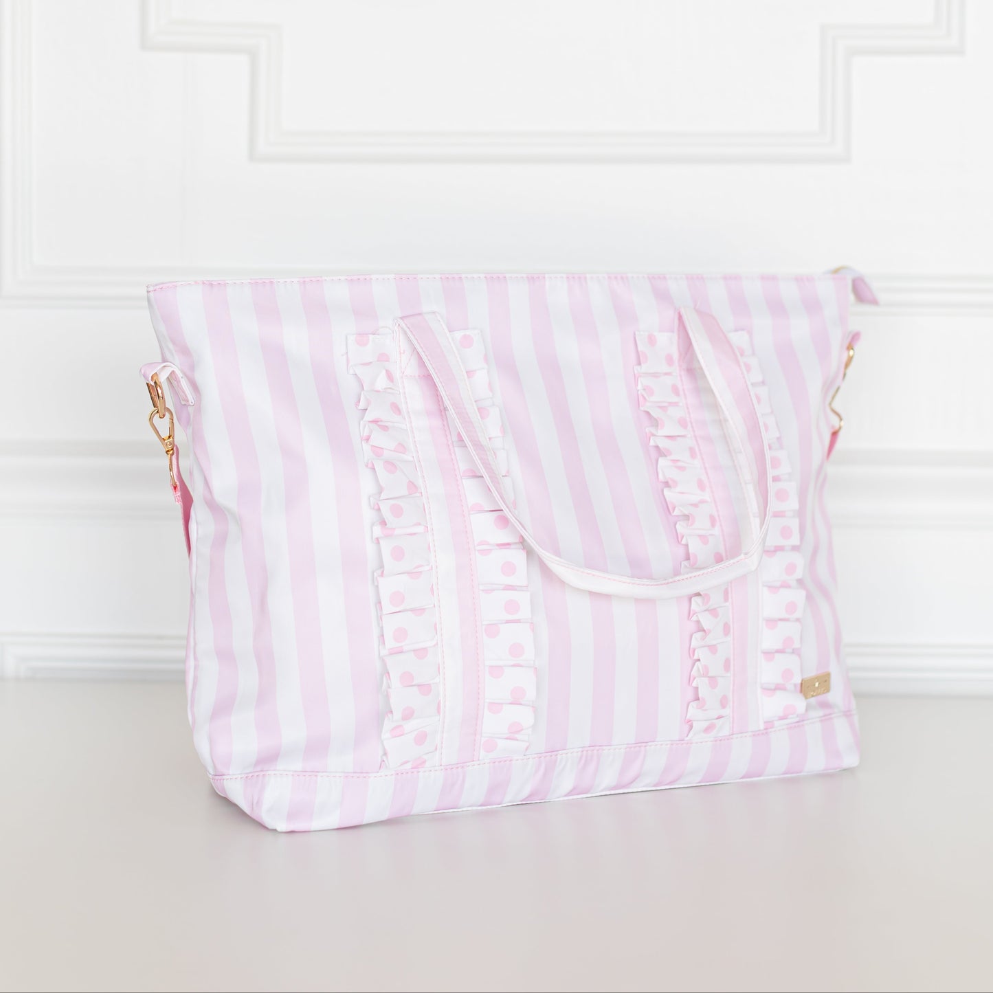 Pink Polka Stripe Ruffled Nylon Tote Bag