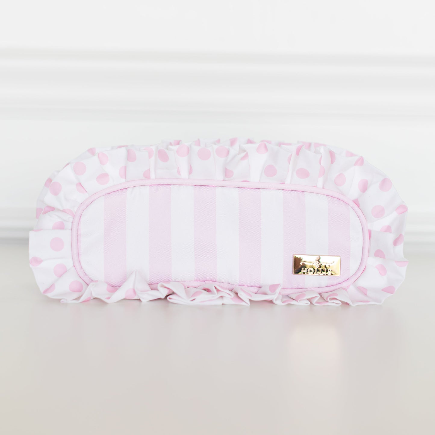 Pink Polka Stripe Pencil Bag – Pink & White Nylon Pouch | HOLLIS