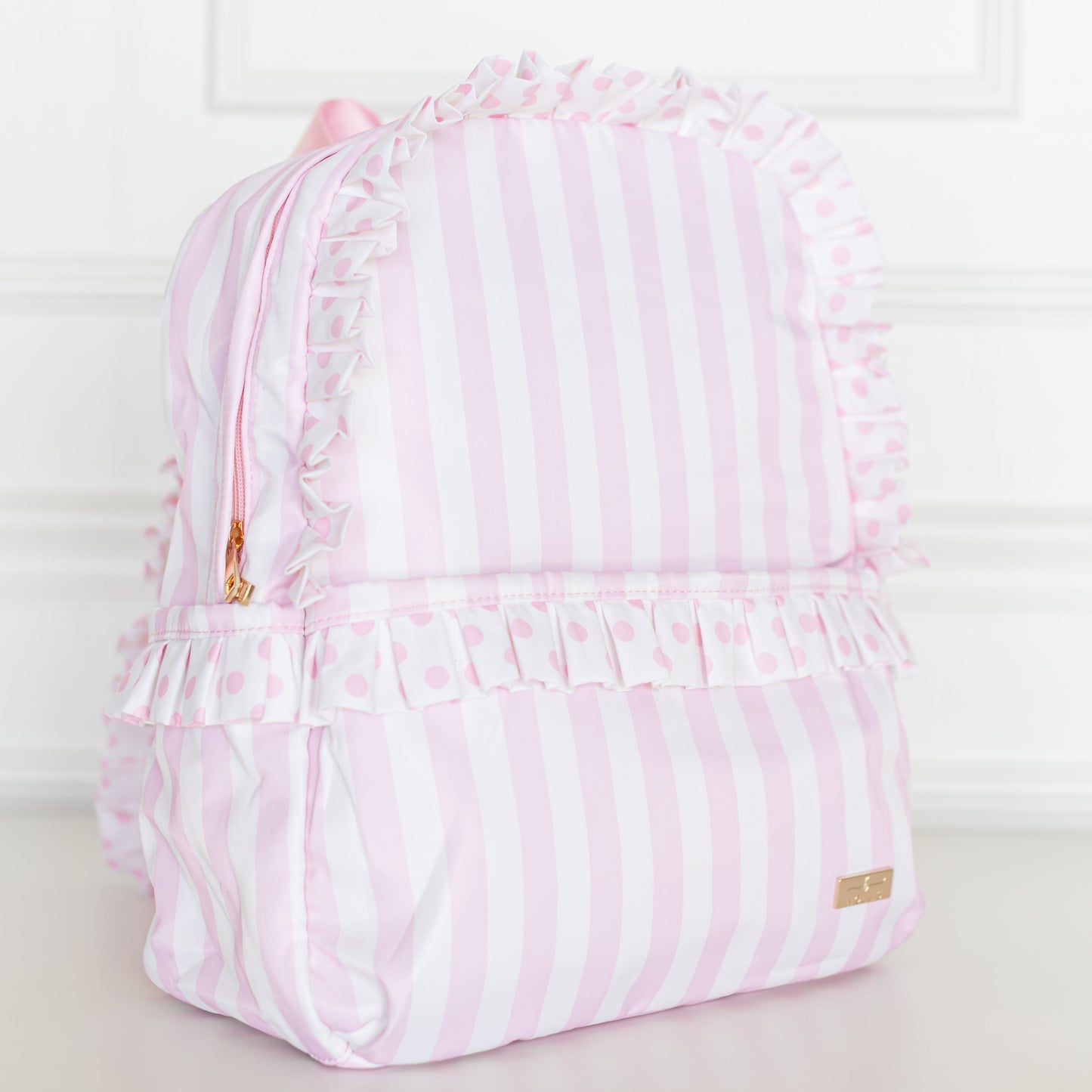 Pink Polka Stripe Ruffled Nylon Backpack