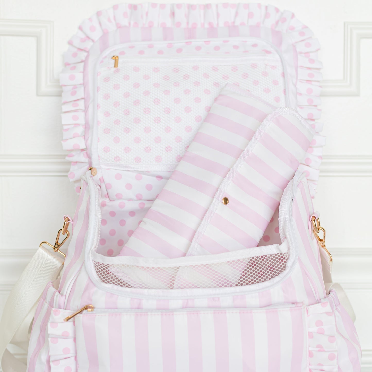 Pink Polka Stripe Ruffled Nylon Diaper Bag