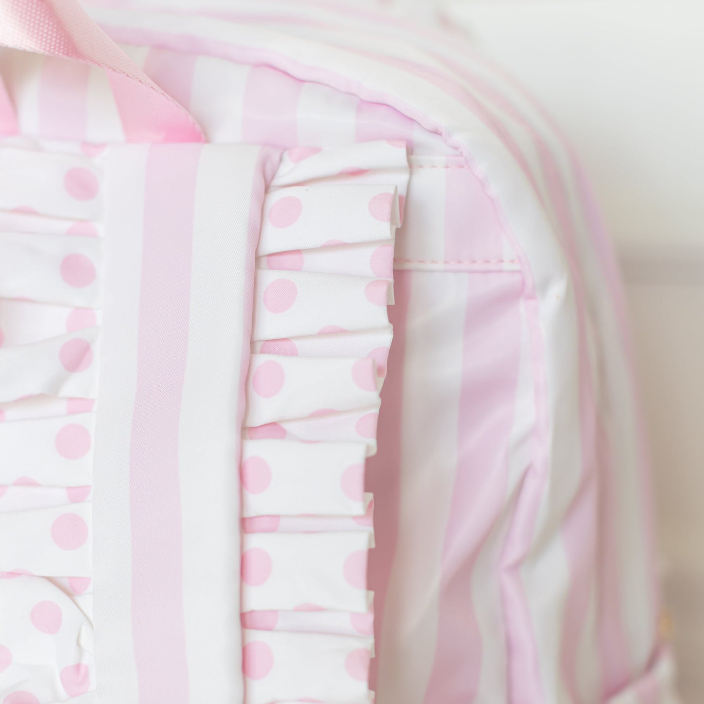 Pink Polka Stripe Ruffled Nylon Backpack