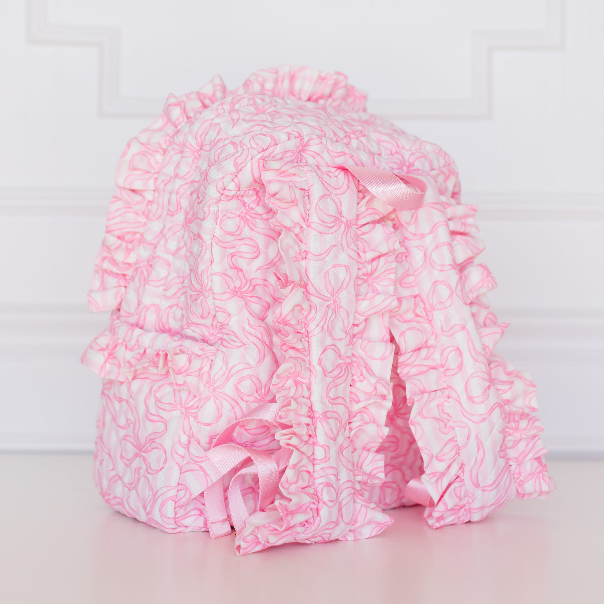 baby pink travel backpack Quilted Coquette Backpack – Pink Bow Ruffle Travel Backpack