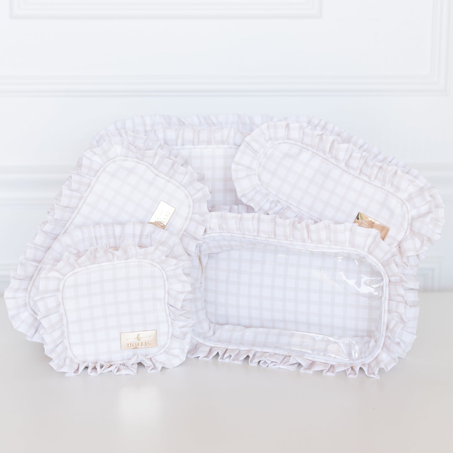 Nude Plaid Ruffled Nylon Large Clear Pouch