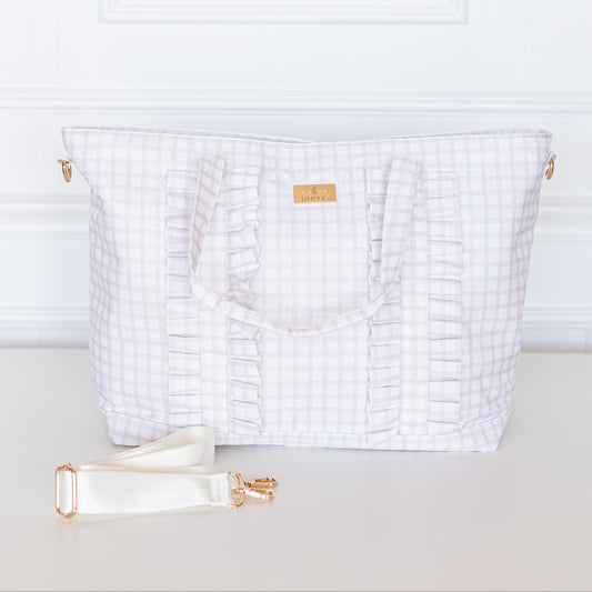 Nude Plaid Ruffled Nylon Tote Bag