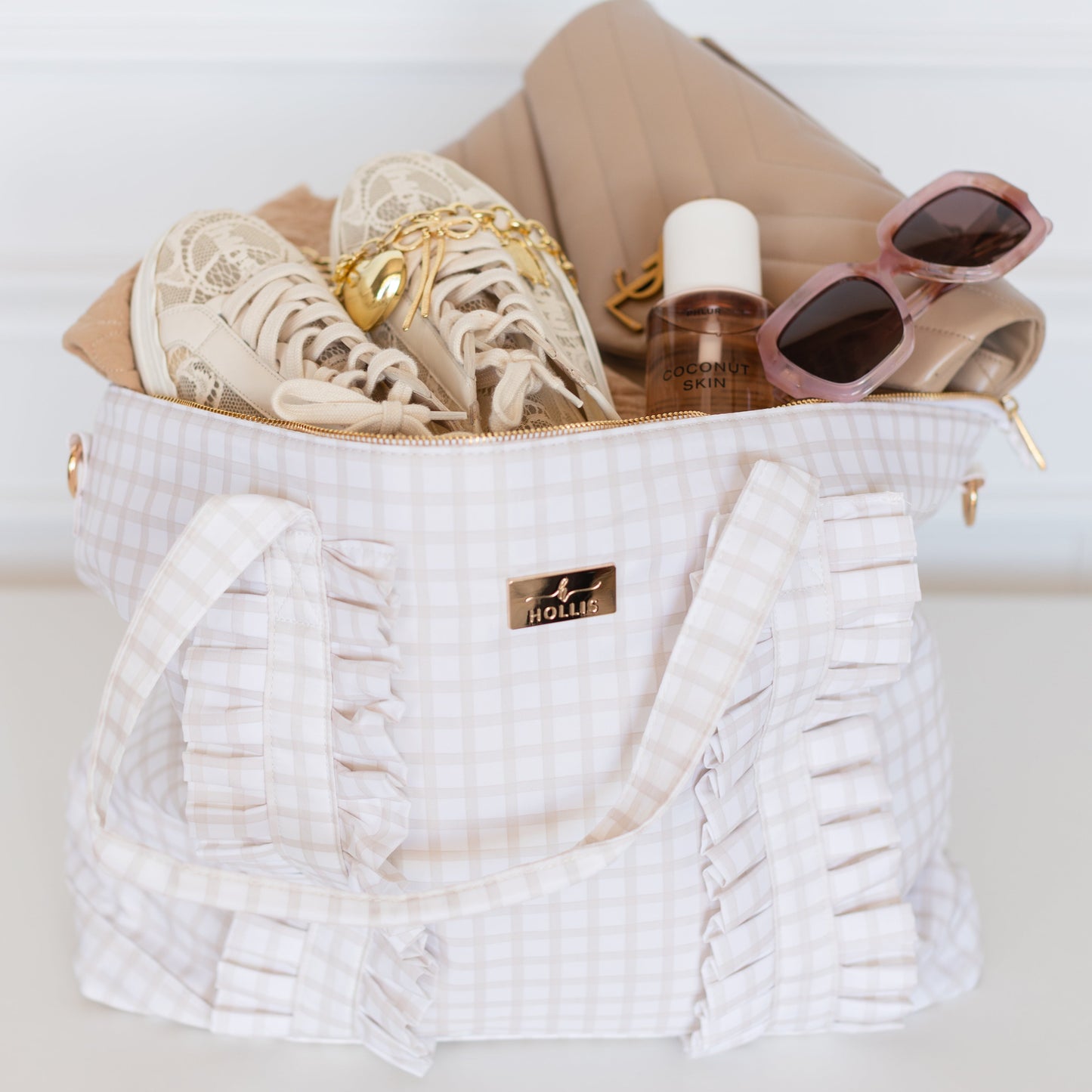 Nude Plaid Ruffled Nylon Tote Bag