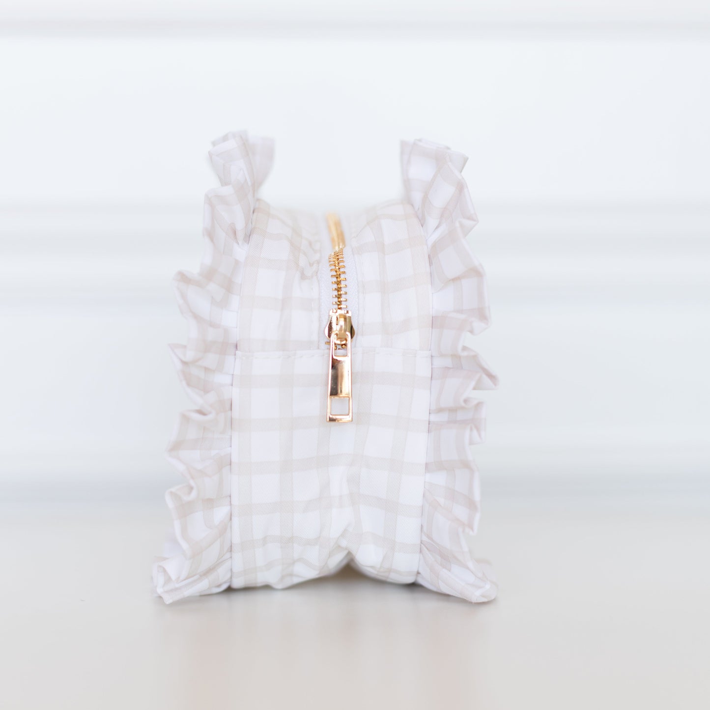 Nude Plaid Ruffled Nylon Large Clear Pouch