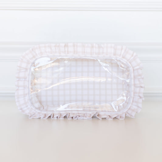 Nude Plaid Ruffled Nylon Large Clear Pouch