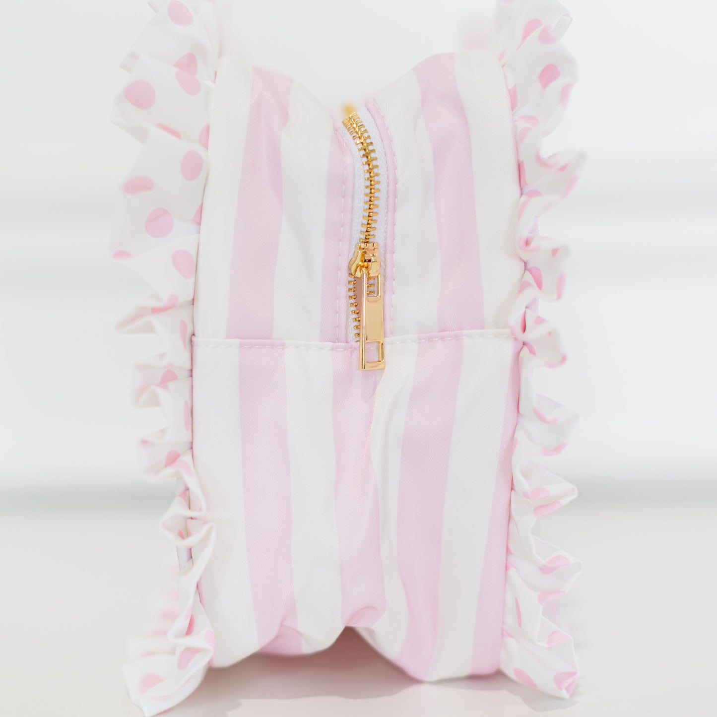 Pink Polka Stripe Ruffled Nylon XL Pouch