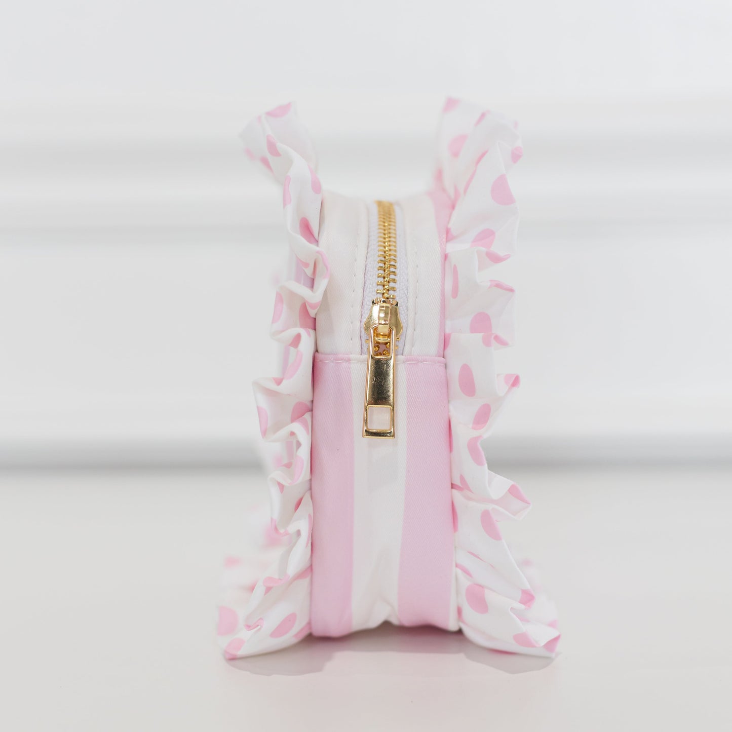 Pink Polka Stripe Ruffled Nylon Tech Organizer