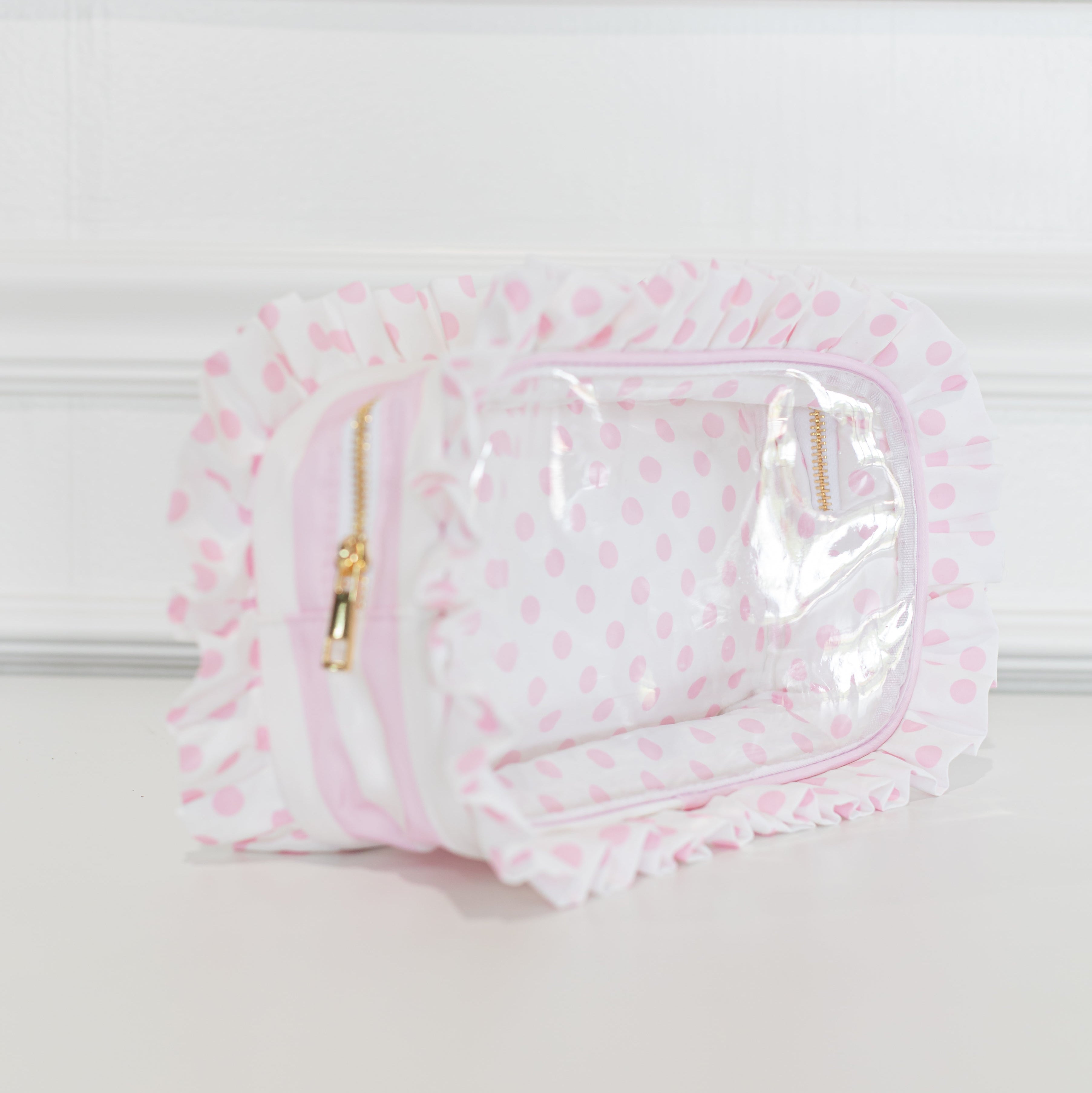Pink Polka Stripe Ruffled Nylon Large Clear Pouch – Hollis