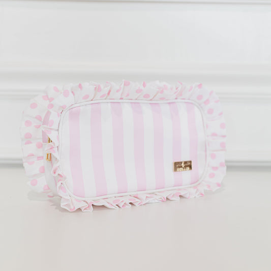 Pink Polka Stripe Ruffled Nylon Medium Pouch