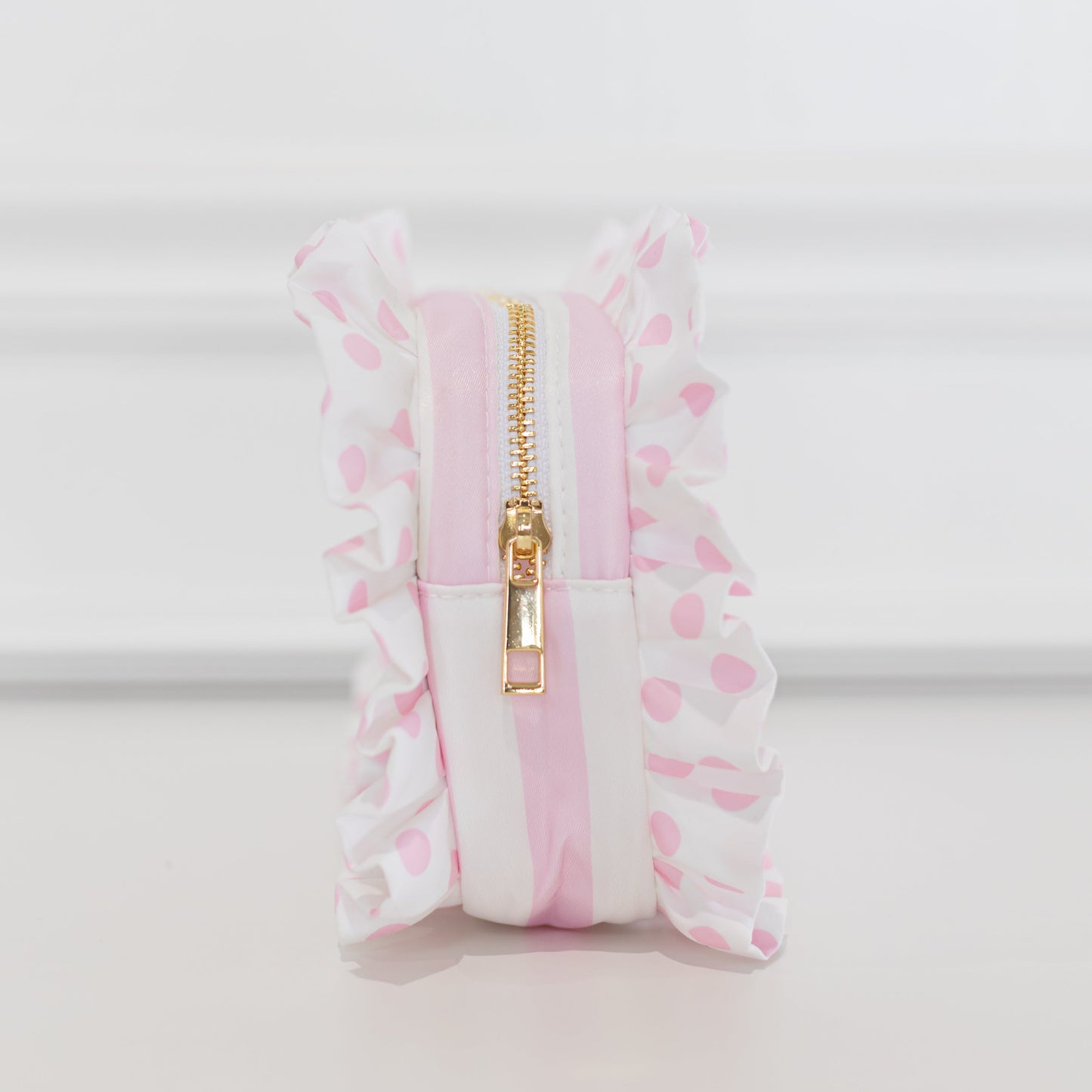 Pink Polka Stripe Ruffled Nylon Medium Pouch