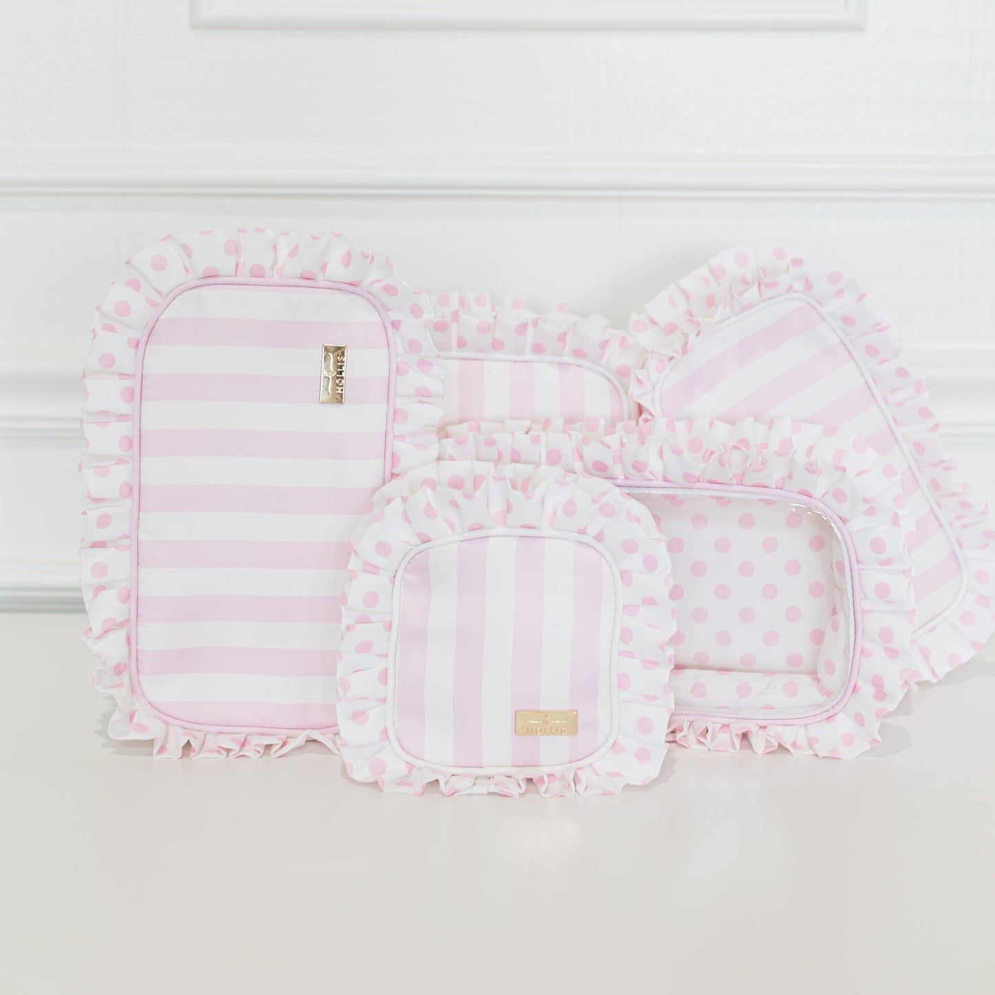 Pink Polka Stripe Ruffled Nylon Medium Pouch